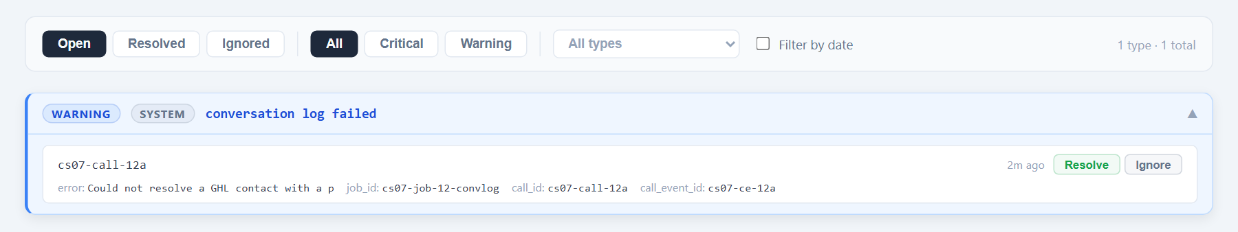 The product's own failure record: the error, the job id, the call id, and two operator actions