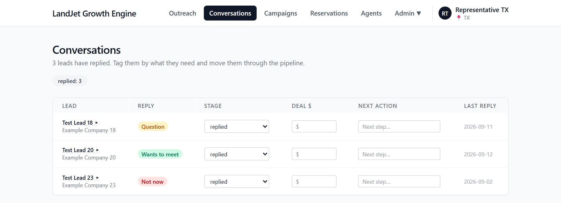 Conversations: replies tagged by a keyword classifier for a person to work