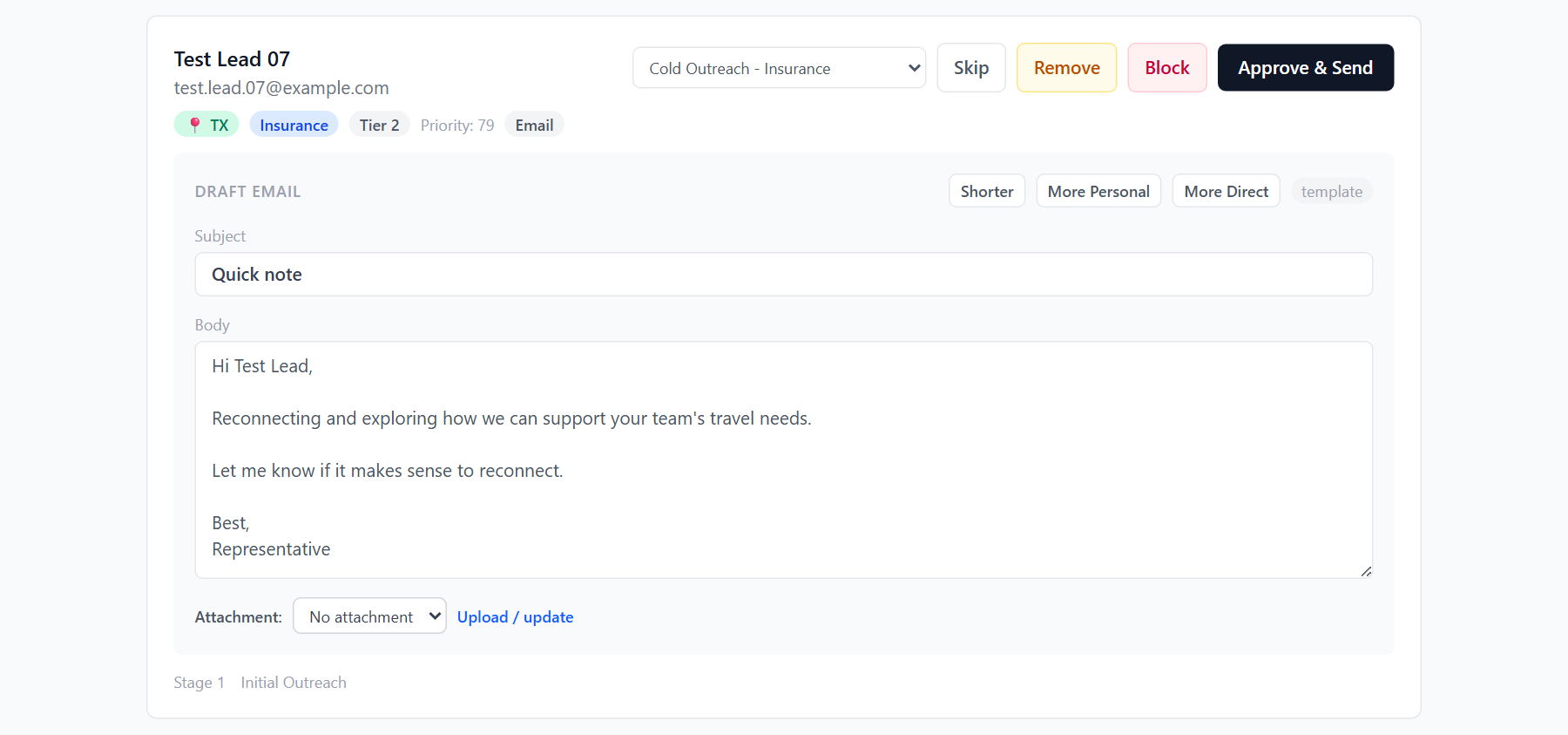 One email step: the template draft a person reviews before anything is sent