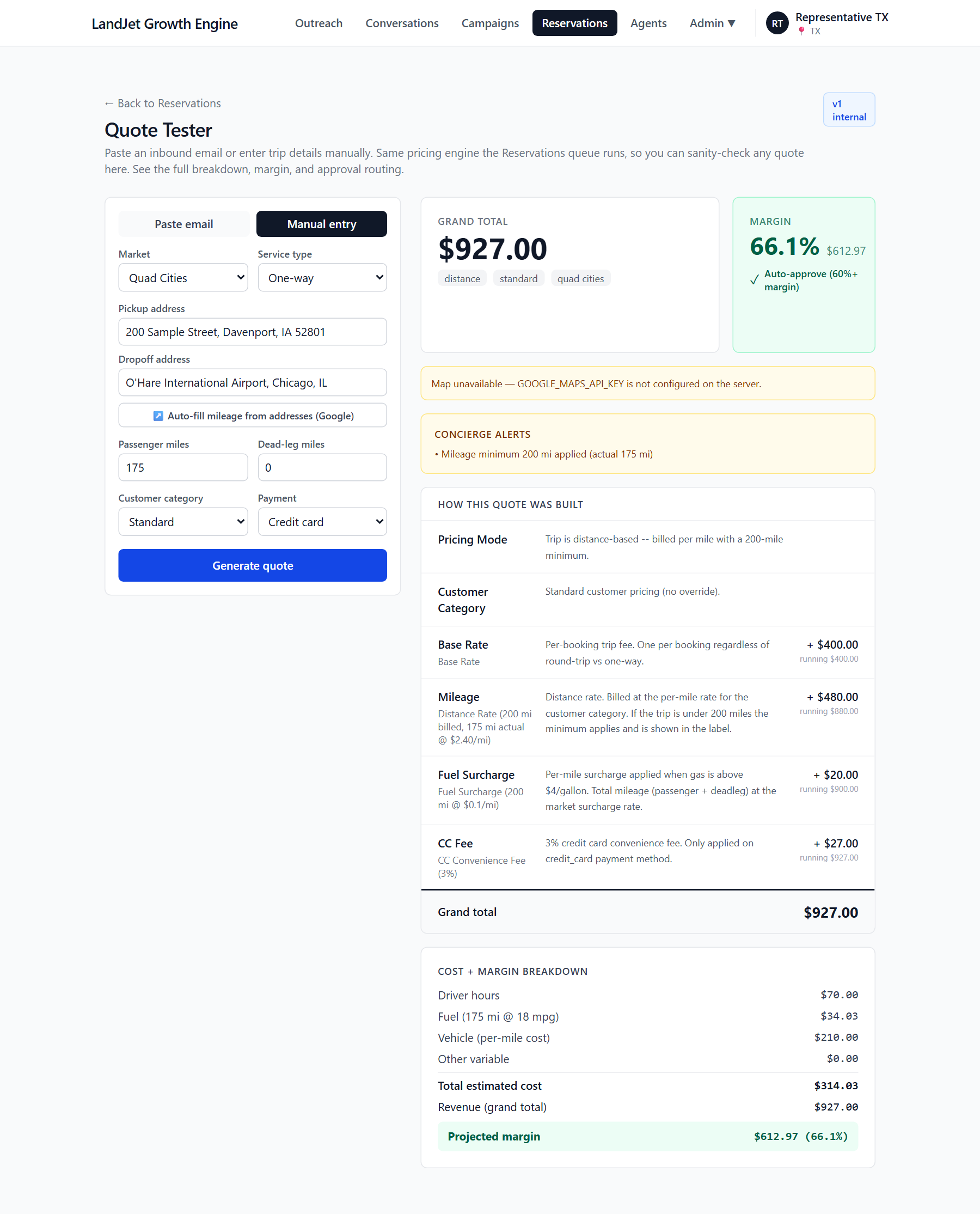 The Quote Tester: a trip entered by hand, priced by the same engine, explained line by line