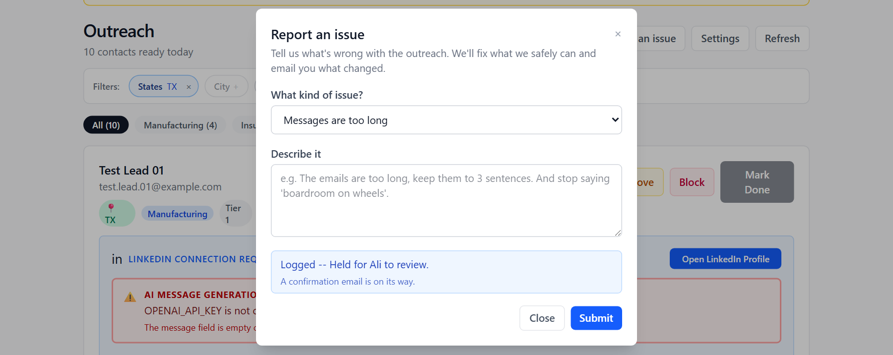 The held outcome: nothing applied, a row stored for a person to review