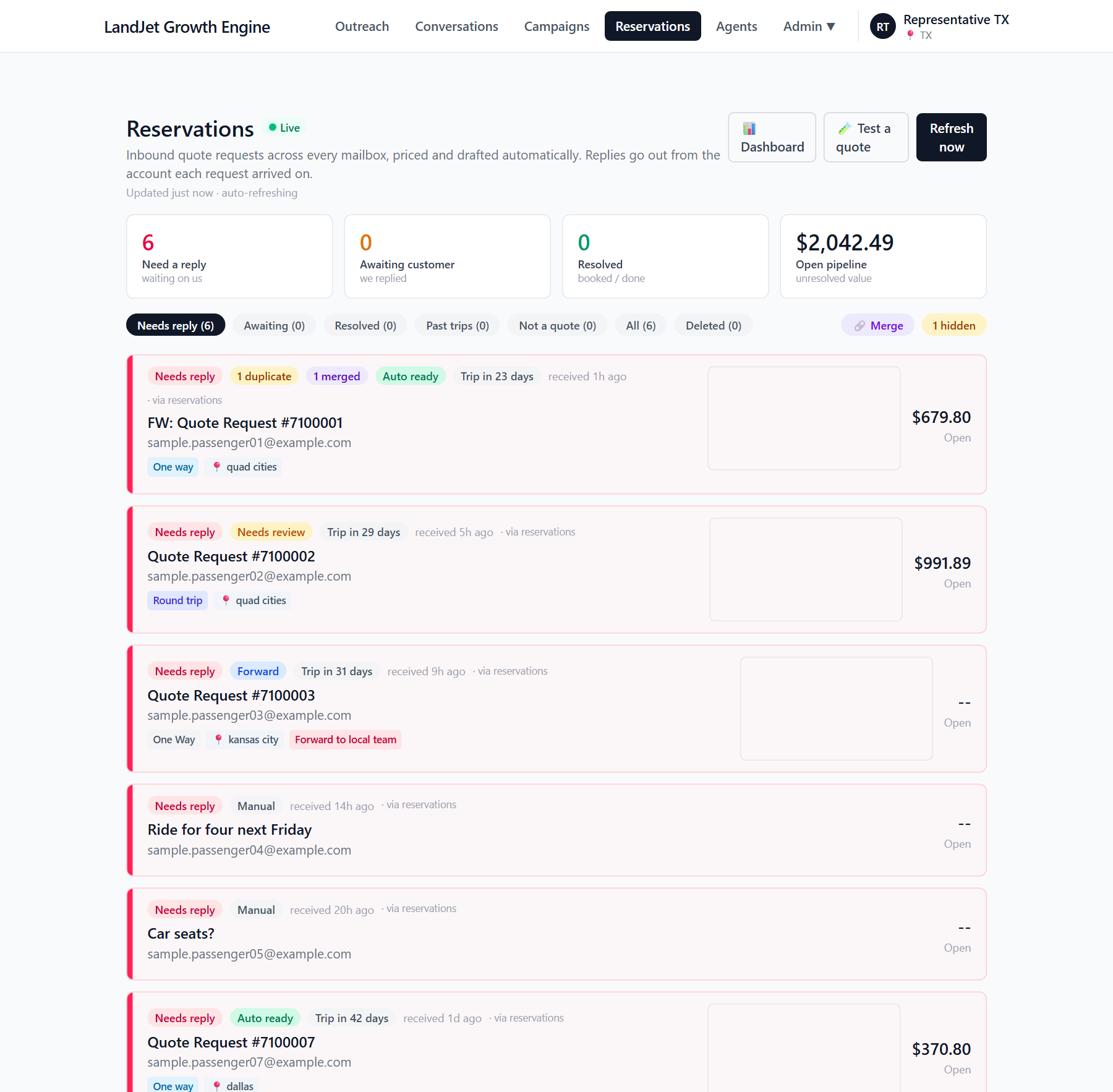 The reservations queue: six invented requests, each already priced or held by the engine