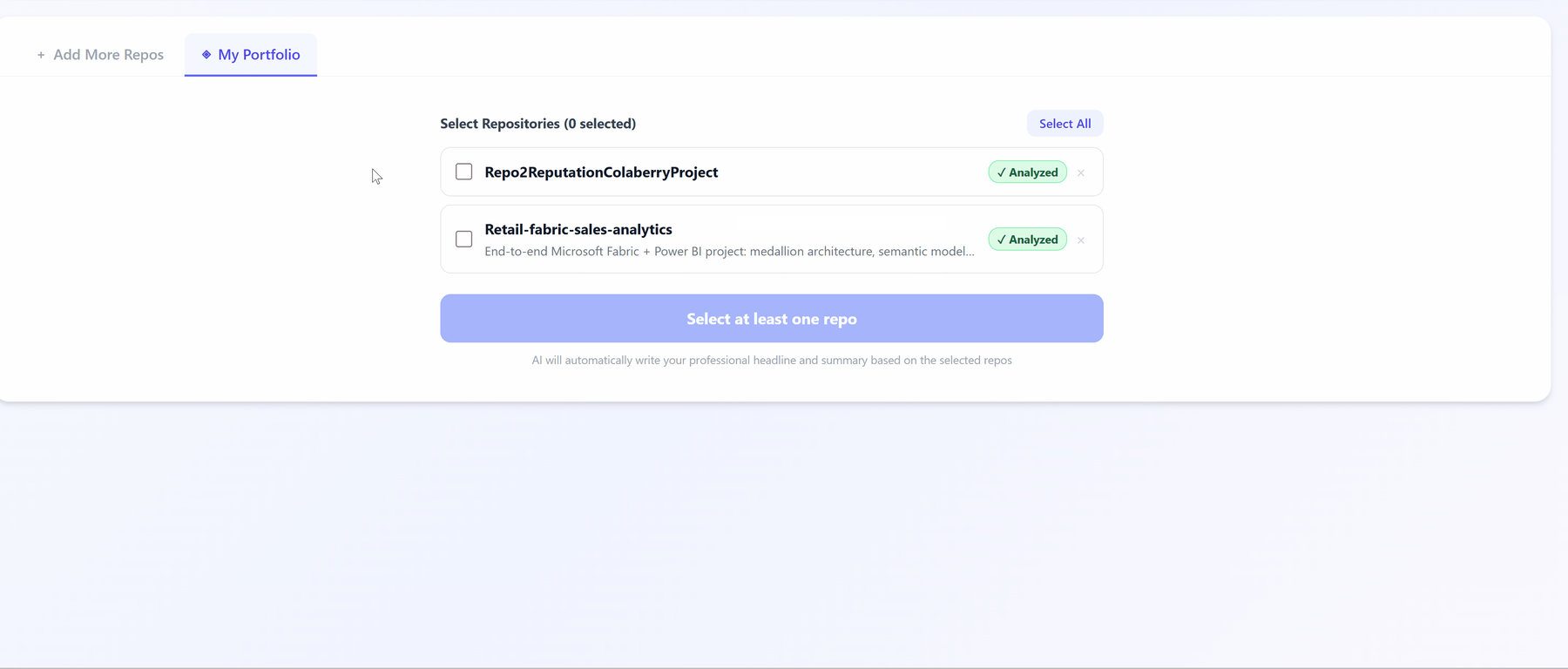 Selecting analysed repositories to generate from