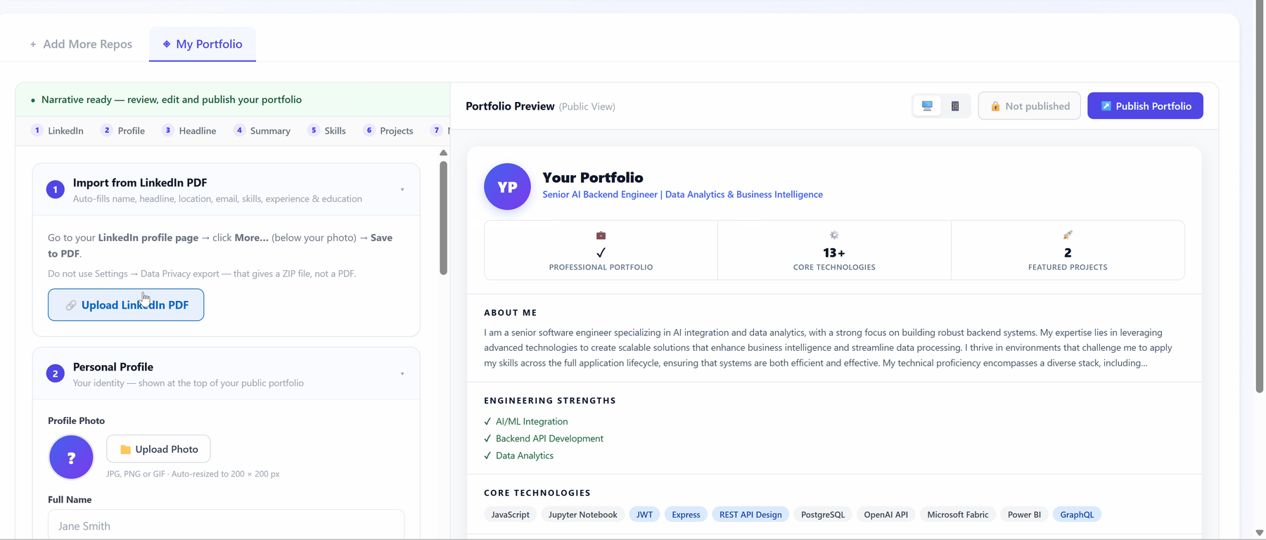 The portfolio builder, with the public view rendering beside it