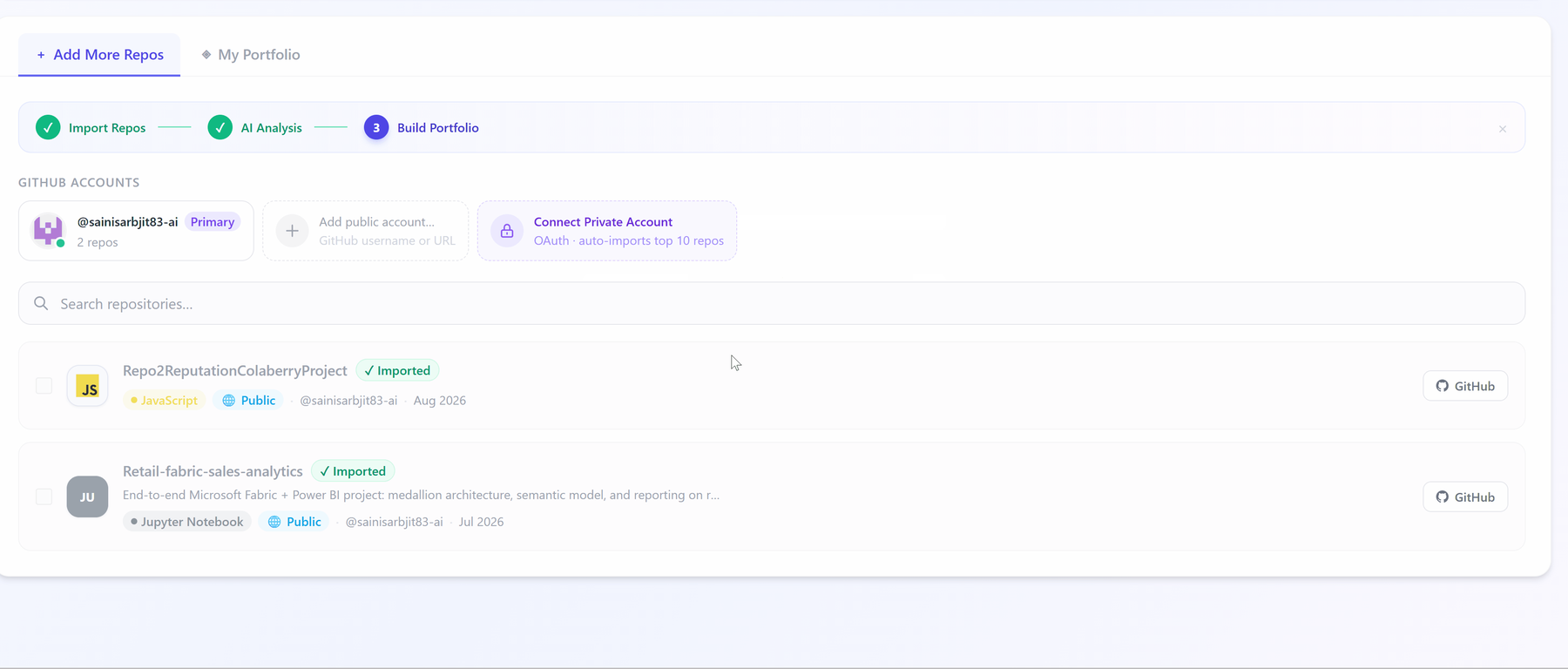 Repository import across more than one GitHub account